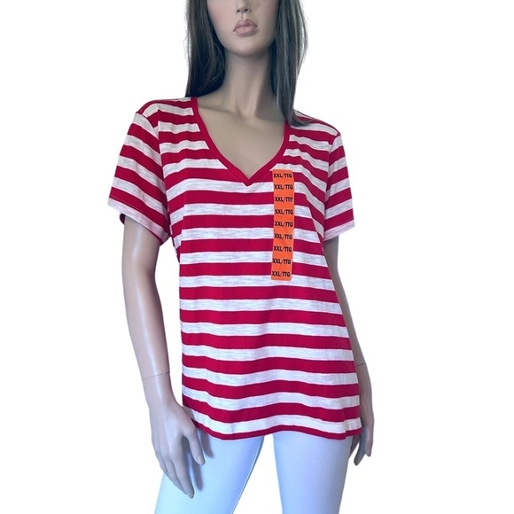 Nicole Miller Stripe Tee t-shirt Tank Top Red V-Neck Short Sleeve Hi Low NWOT - Picture 3 of 15